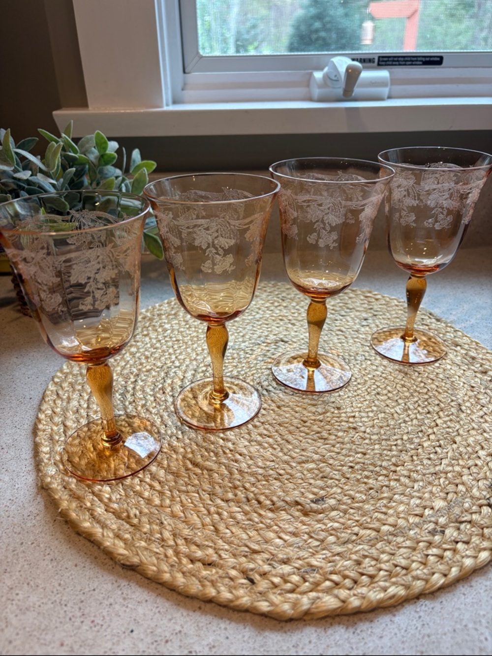 (4) Vintage Amber Etched Wine Glasses - Depression Era
